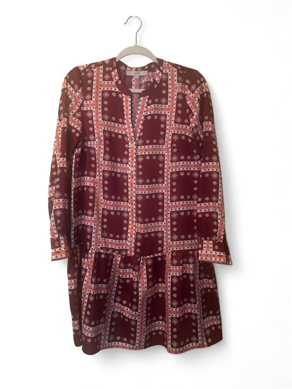 LOFT Burgundy Printed Long-Sleeve Tiered Dress